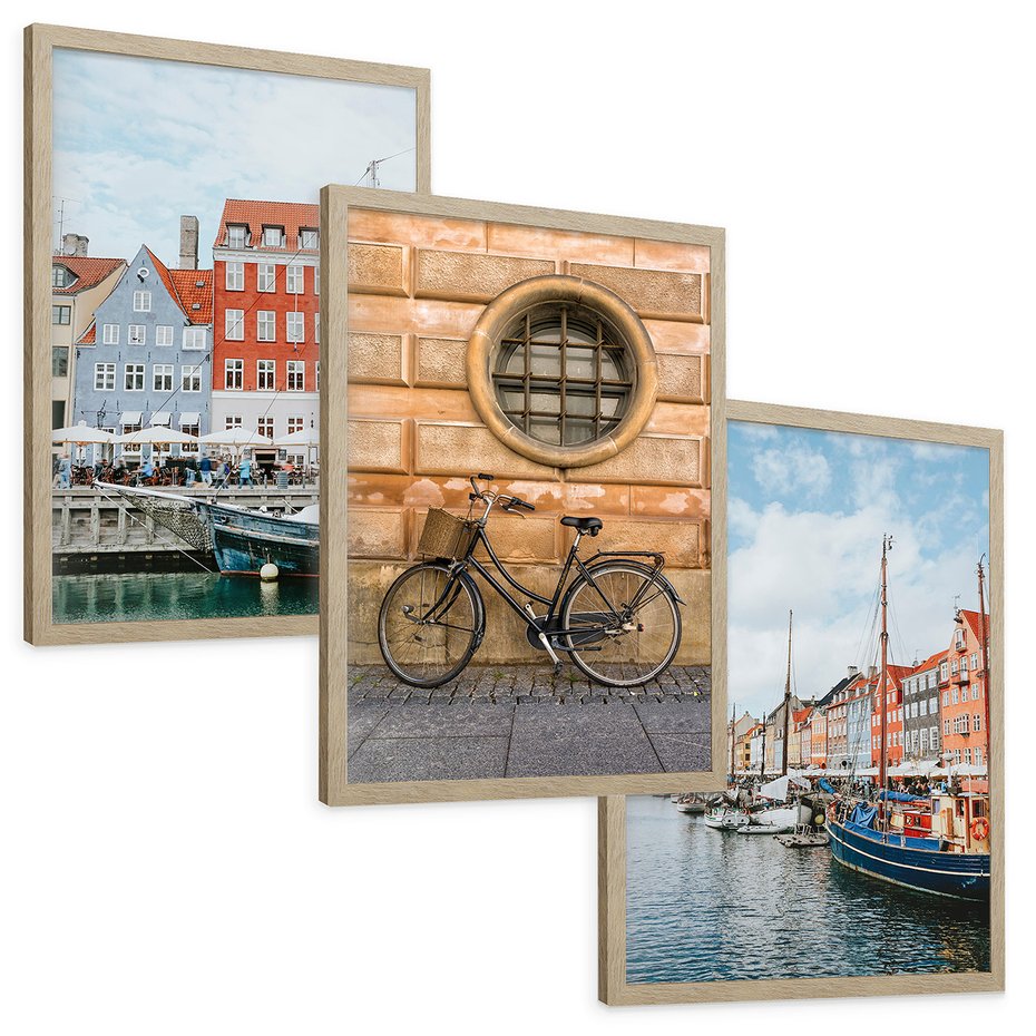 Zestaw obrazy w ramie, plakaty - miasto, budynki, kanał - rama drewno