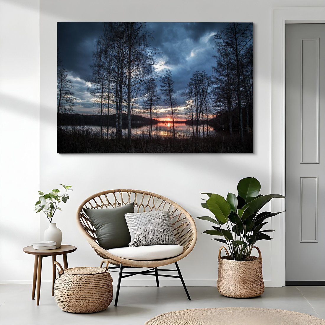 Obraz na płótnie - jezioro, drzewa, zachód słońca