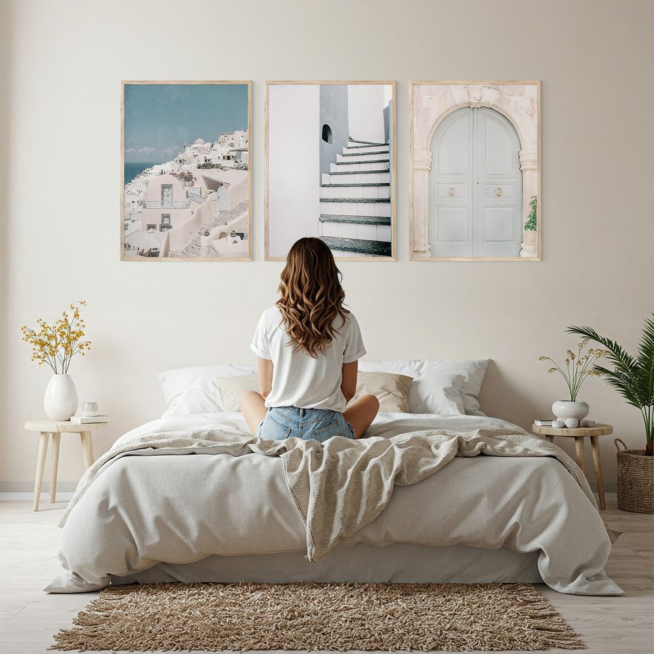 Zestaw obrazy w ramie, plakaty - architektura, pastelowe, śródziemnomorskie - rama drewno