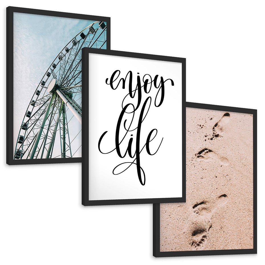 Zestaw obrazy w ramie, plakaty - wakacje, plaża, piasek - rama czarna
