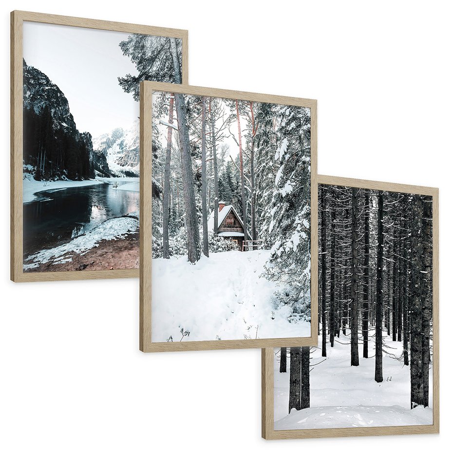 Zestaw obrazy w ramie, plakaty - zima, śnieg, las - rama drewno