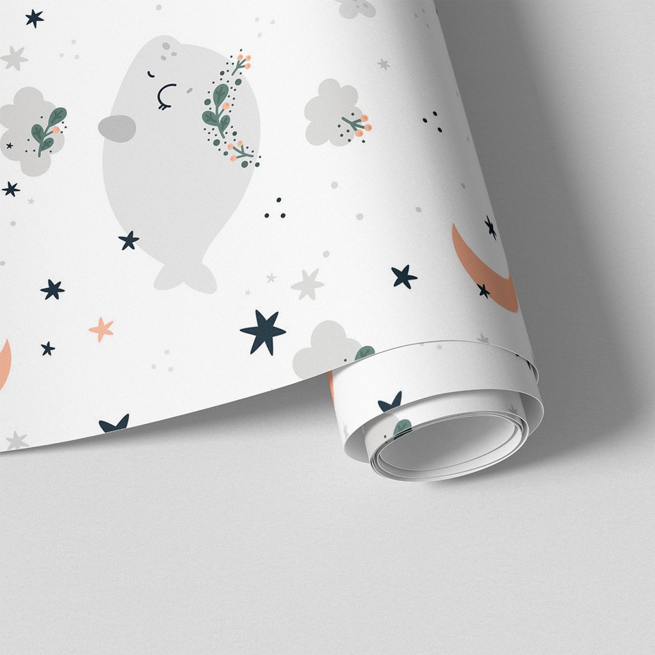 Tapeta - dziecięca, wieloryby, gwiazdy, księżyc