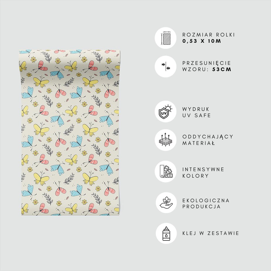 Tapeta - dziecięca, motyle, kwiaty, liście