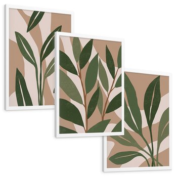 Zestaw obrazy w ramie, plakaty - liście, rośliny, abstrakcja - rama biała