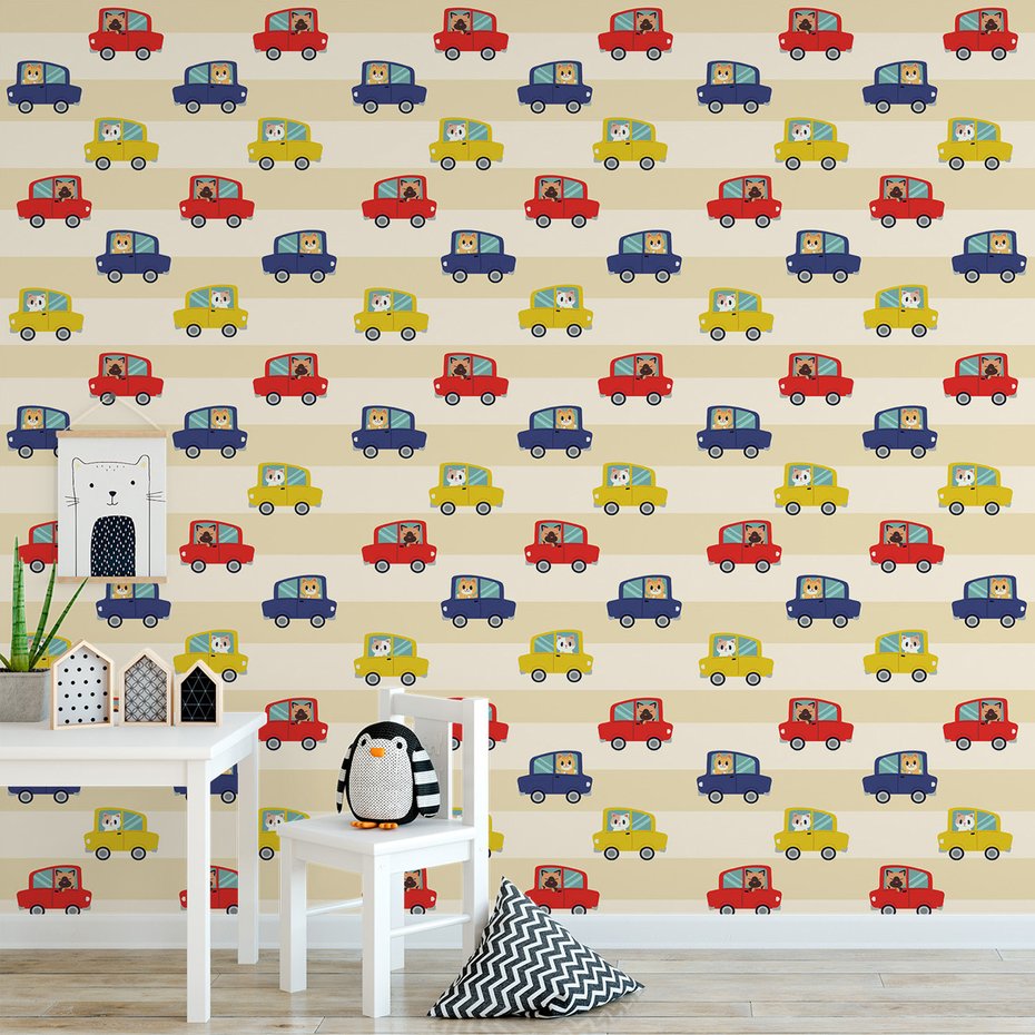 Tapeta - dziecięca, samochody, koty, tło