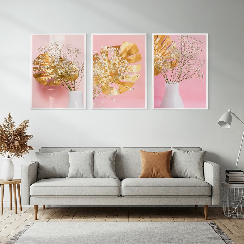 Zestaw obrazy w ramie, plakaty - kwiaty, liście, złoty - rama biała