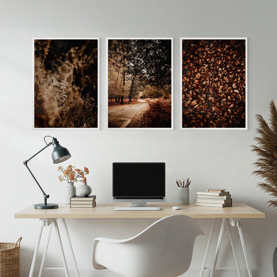 Zestaw obrazy w ramie, plakaty - jesień, liście, natura - rama biała