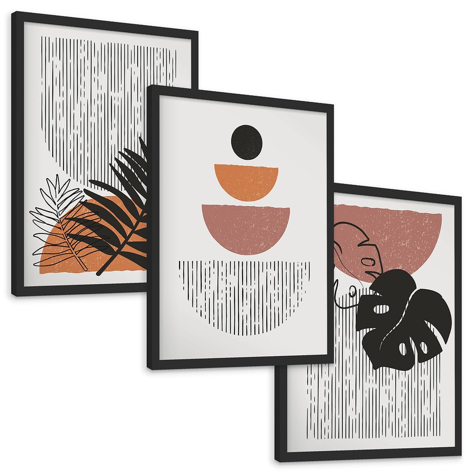 Zestaw obrazy w ramie, plakaty - abstrakcja, liście, minimalizm - rama czarna