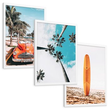 Zestaw obrazy w ramie, plakaty - palmy, plaża, wakacje - rama biała