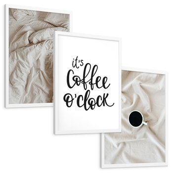 Zestaw obrazy w ramie, plakaty - pościel, kawa, relaks - rama biała