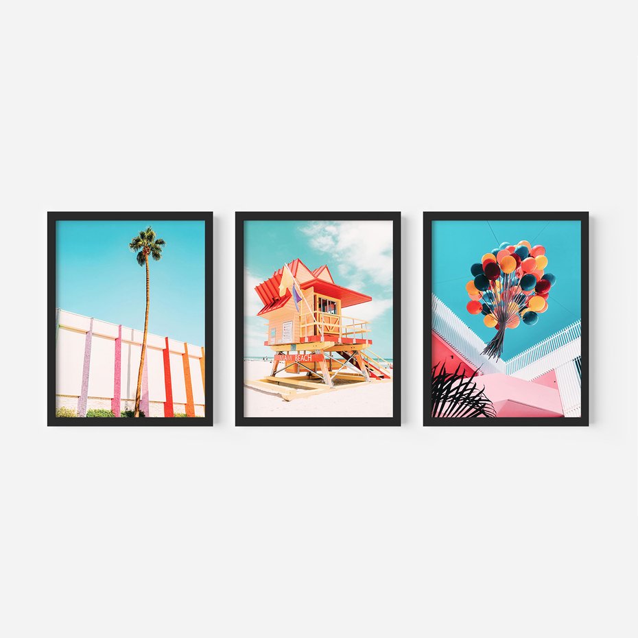 Zestaw obrazy w ramie, plakaty - plaża,palma,budynek - rama czarna