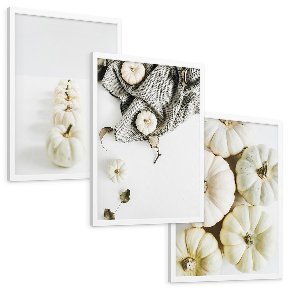 Zestaw obrazy w ramie, plakaty - dynie, jesień, dekoracje - rama biała