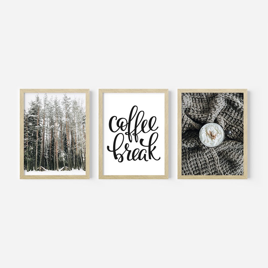 Zestaw obrazy w ramie, plakaty - zima, las, napój - rama drewno