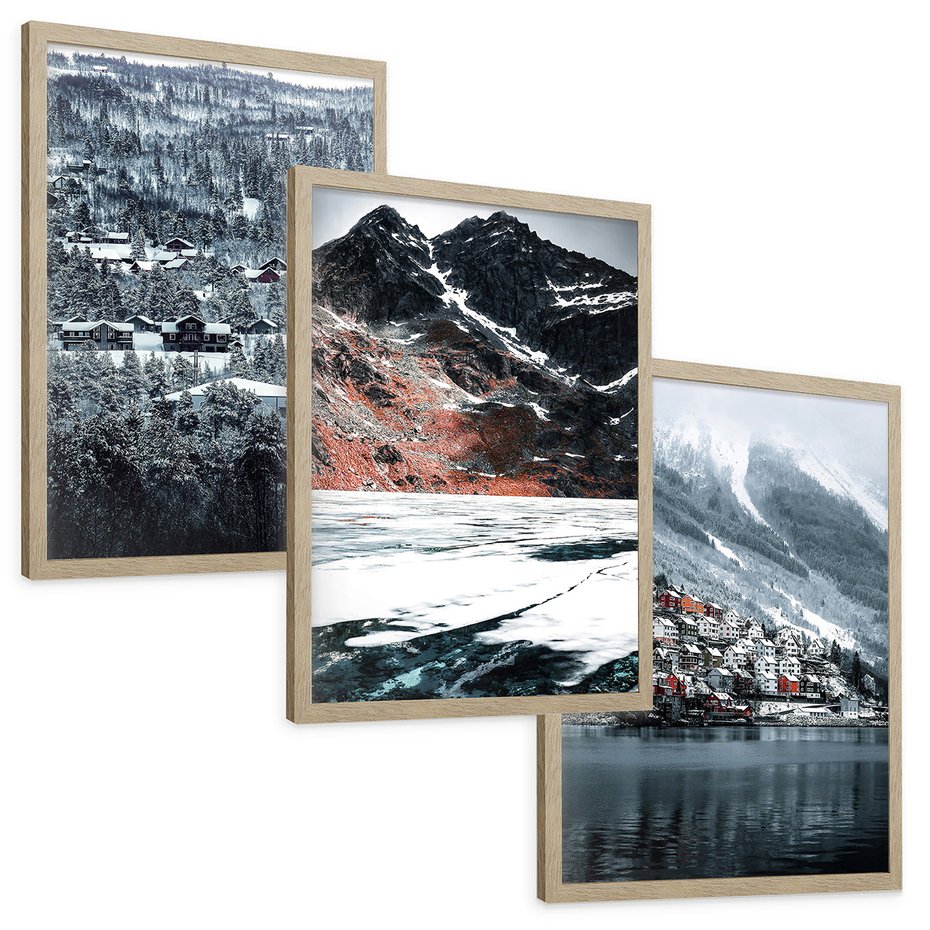 Zestaw obrazy w ramie, plakaty - śnieg, góry, zima - rama drewno