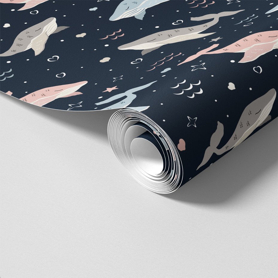 Tapeta - dziecięca, wieloryby, gwiazdy, serca