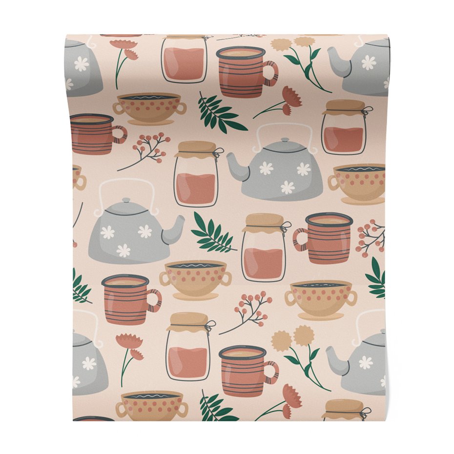 Tapeta - czajnik, kubek, dżem