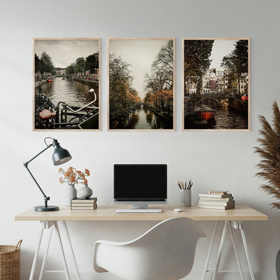 Zestaw obrazy w ramie, plakaty - Amsterdam, kanał, miasto - rama drewno