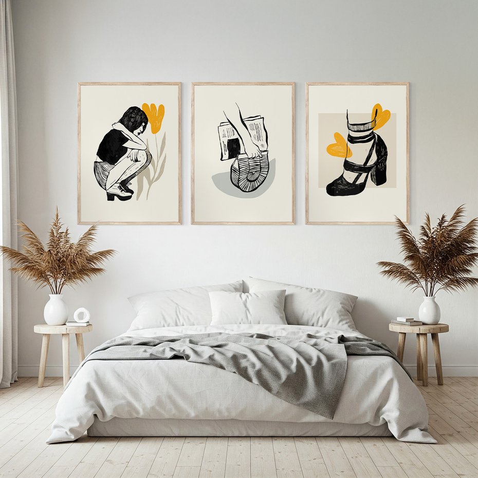 Zestaw obrazy w ramie, plakaty - rysunek, kobieta, kwiat - rama drewno