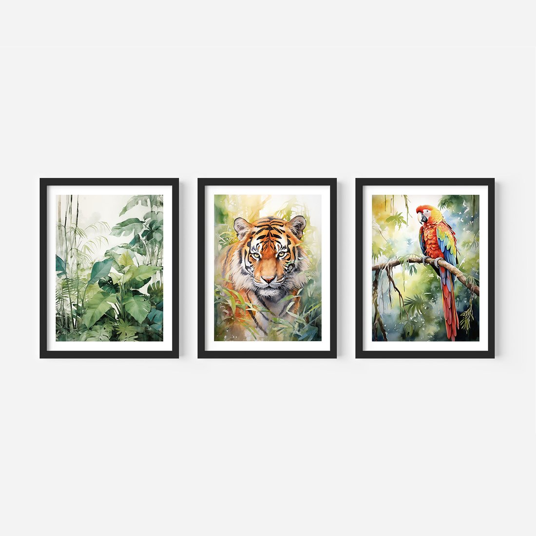 Zestaw obrazy w ramie, plakaty - papuga, liście, tygrys - rama czarna