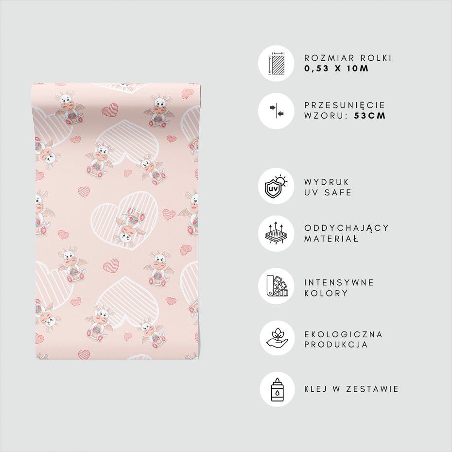 Tapeta - dziecięca, smoki, serca,