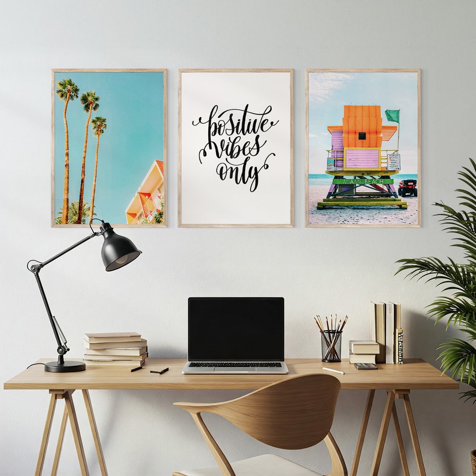 Zestaw obrazy w ramie, plakaty - palmy, plaża, tropikalny - rama drewno