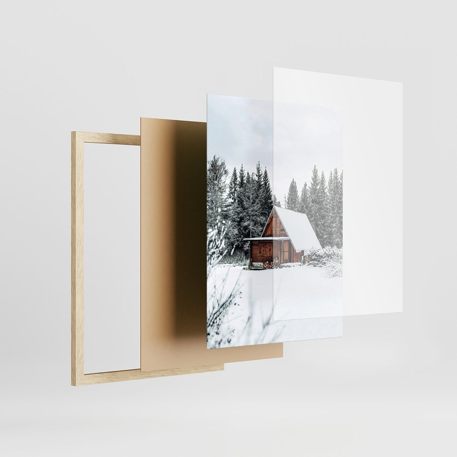 Zestaw obrazy w ramie, plakaty - zima, śnieg, drzewa - rama drewno