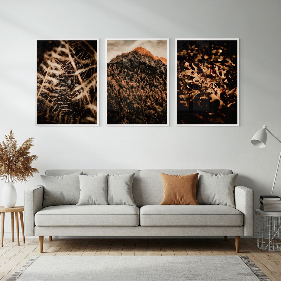 Zestaw obrazy w ramie, plakaty - natura, liście, góry - rama biała