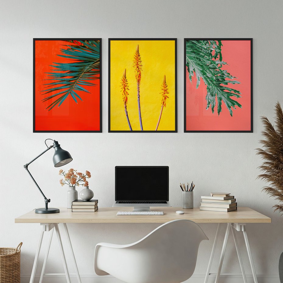 Zestaw obrazy w ramie, plakaty - liście, rośliny, kolory - rama czarna