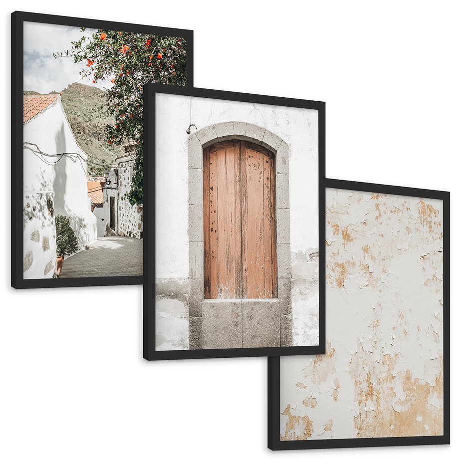 Zestaw obrazy w ramie, plakaty - ściana, drzwi, miasto - rama czarna
