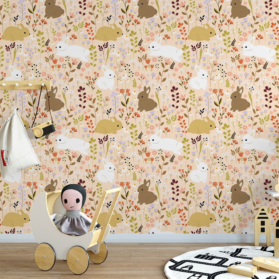 Tapeta - dziecięca, króliki, kwiaty,
