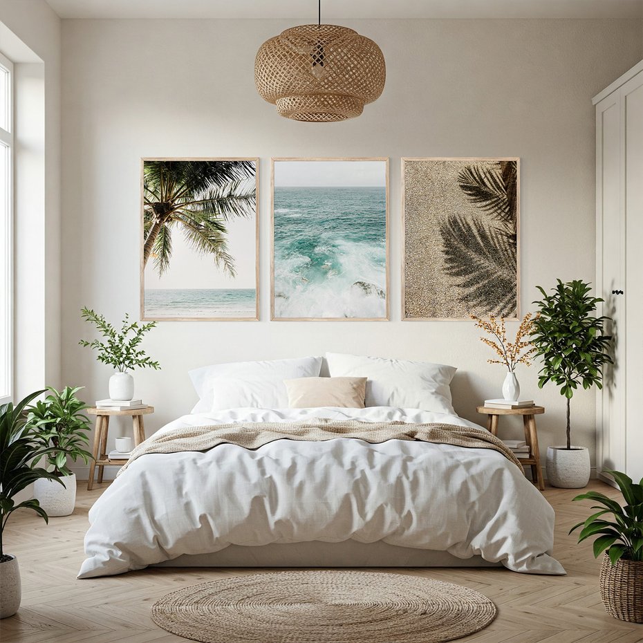 Zestaw obrazy w ramie, plakaty - palma, morze, cień - rama drewno