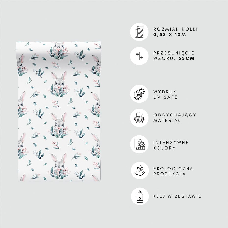 Tapeta - dziecięca, królik, liście, kwiaty