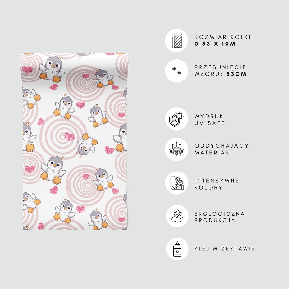 Tapeta - dziecięca, pingwiny, korona, serca