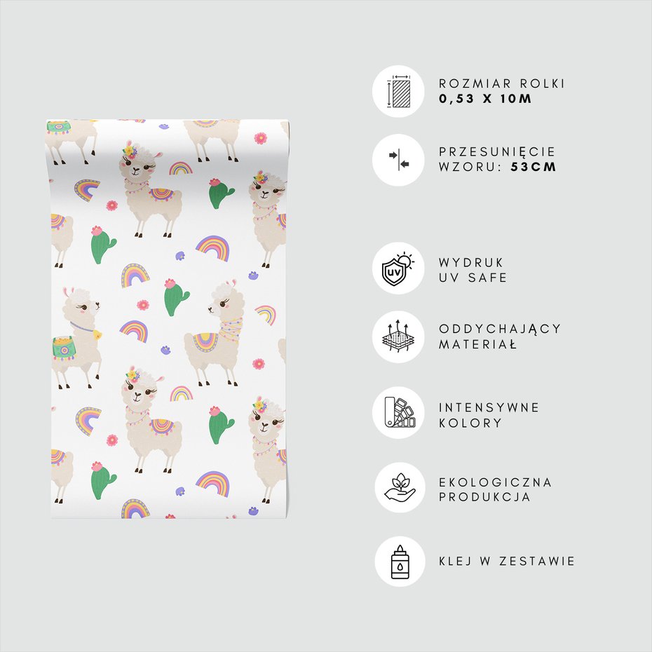Tapeta - dziecięca, lama, kaktus, tęcza