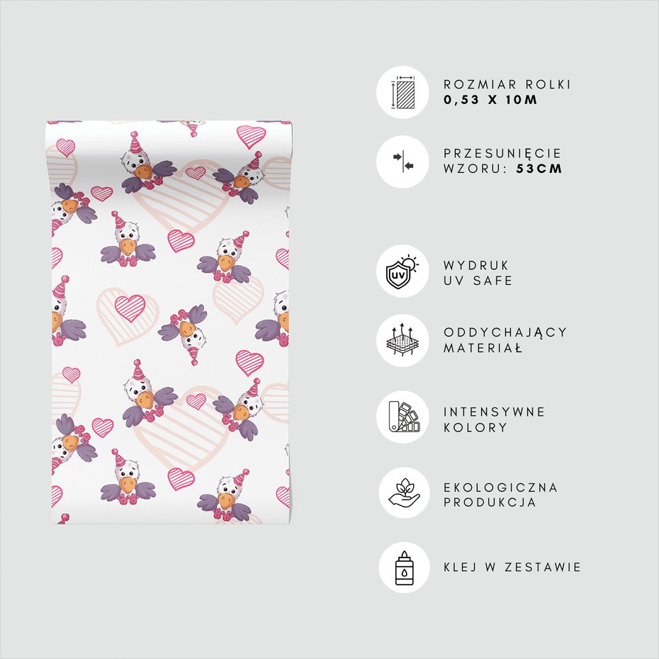 Tapeta - dziecięca, ptak, serca,