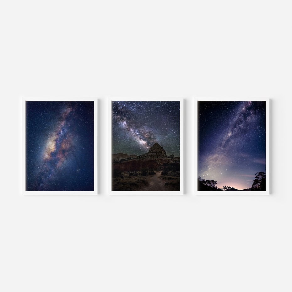 Zestaw obrazy w ramie, plakaty - gwiazdy, noc, galaktyka - rama biała