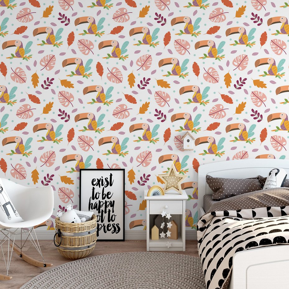 Tapeta - dziecięca, tukany, liście, gałąź