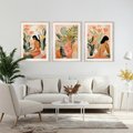 Zestaw obrazy w ramie, plakaty - kobieta, kwiaty, liście - rama drewno