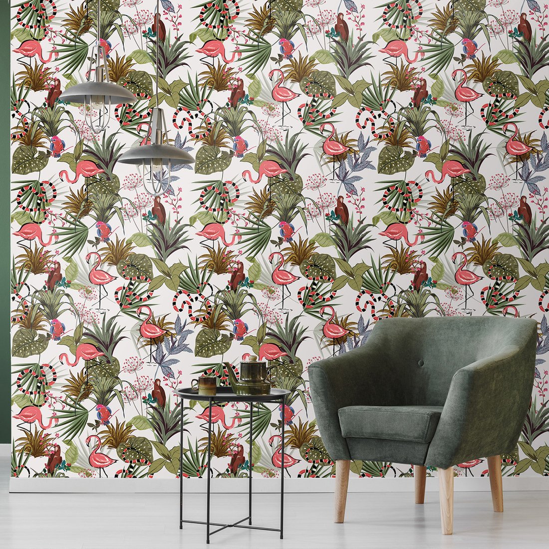 Tapeta - flamingo, papuga, liście