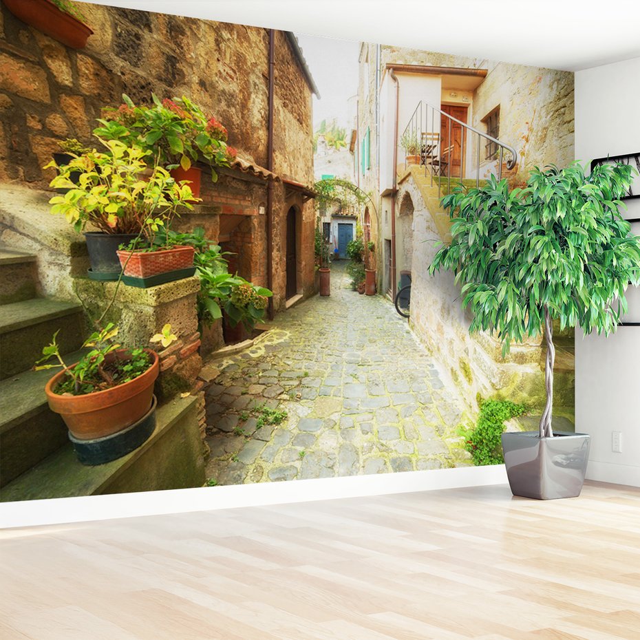 Fototapeta - uliczka, kwiaty, kamień