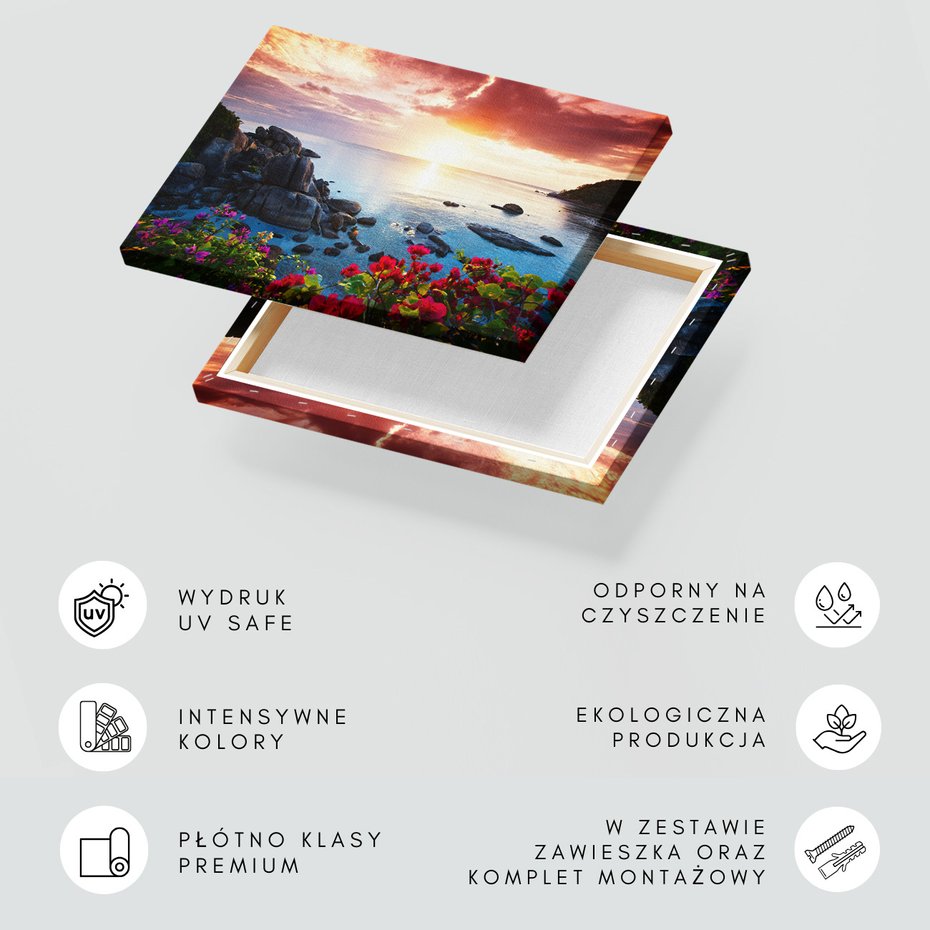 Obraz na płótnie - plaża, zachód słońca, kwiaty