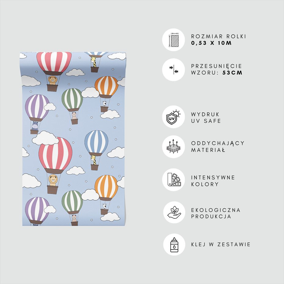 Tapeta - dziecięca, balony, zwierzęta, chmury