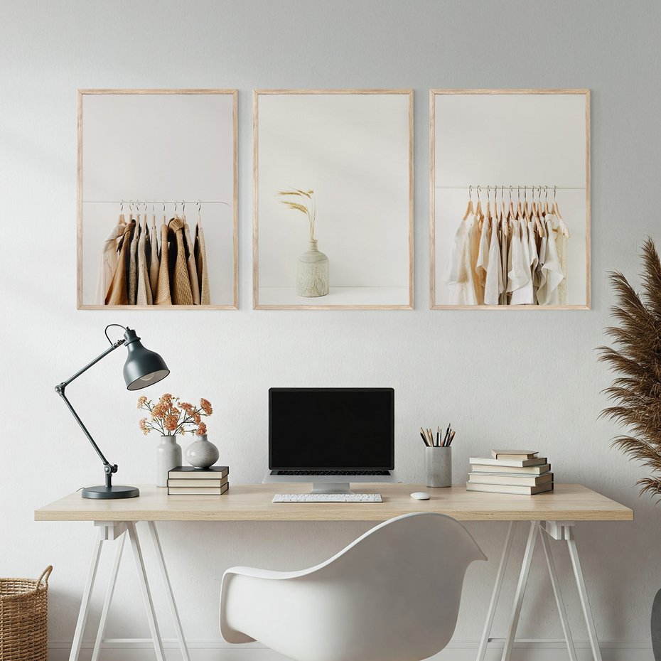 Zestaw obrazy w ramie, plakaty - ubrania, wazon, beżowy - rama drewno