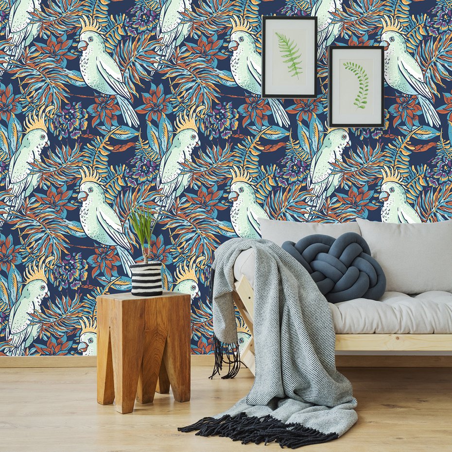 Tapeta - papuga, liście, kwiaty