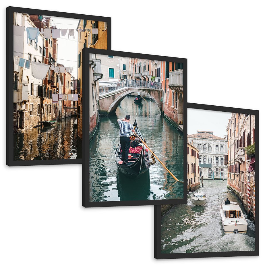 Zestaw obrazy w ramie, plakaty - Wenecja, gondola, kanał - rama czarna