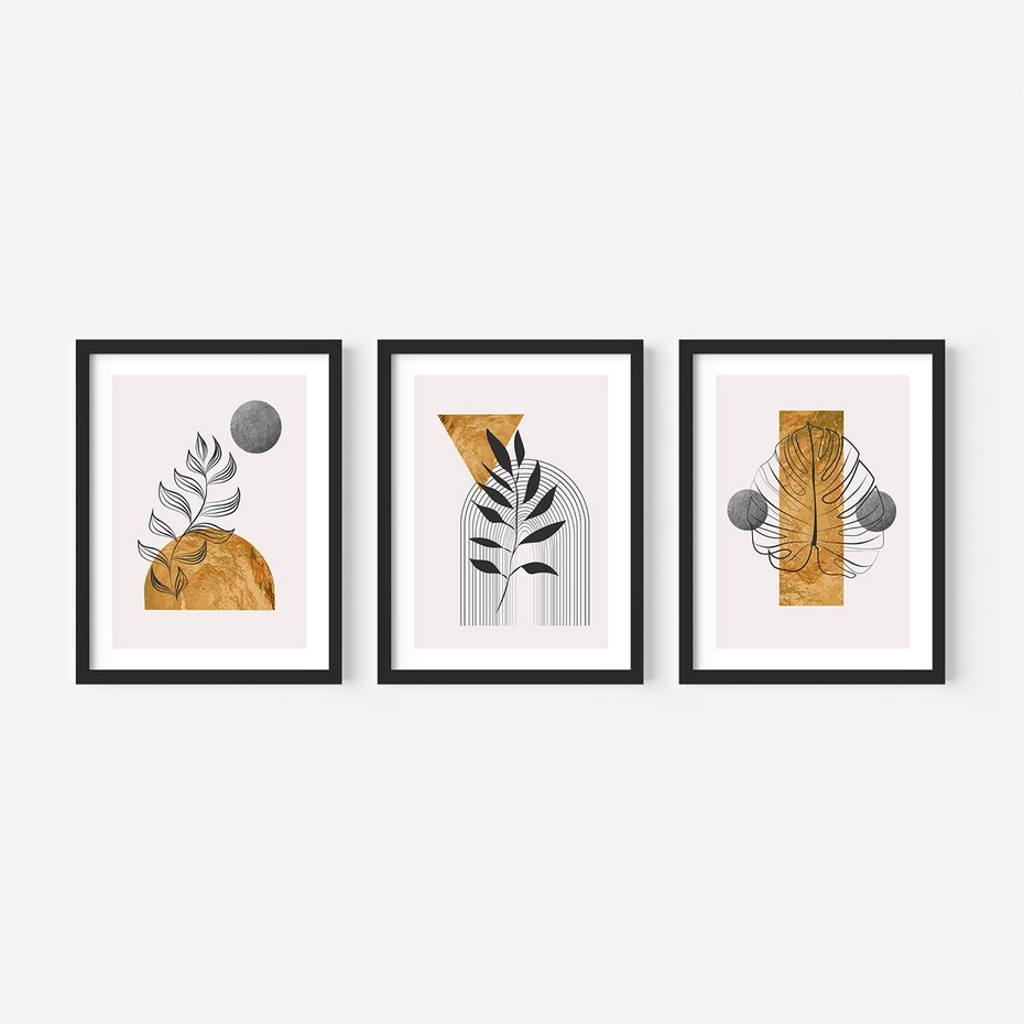 Zestaw obrazy w ramie, plakaty - liście, abstrakcja, złoto - rama czarna