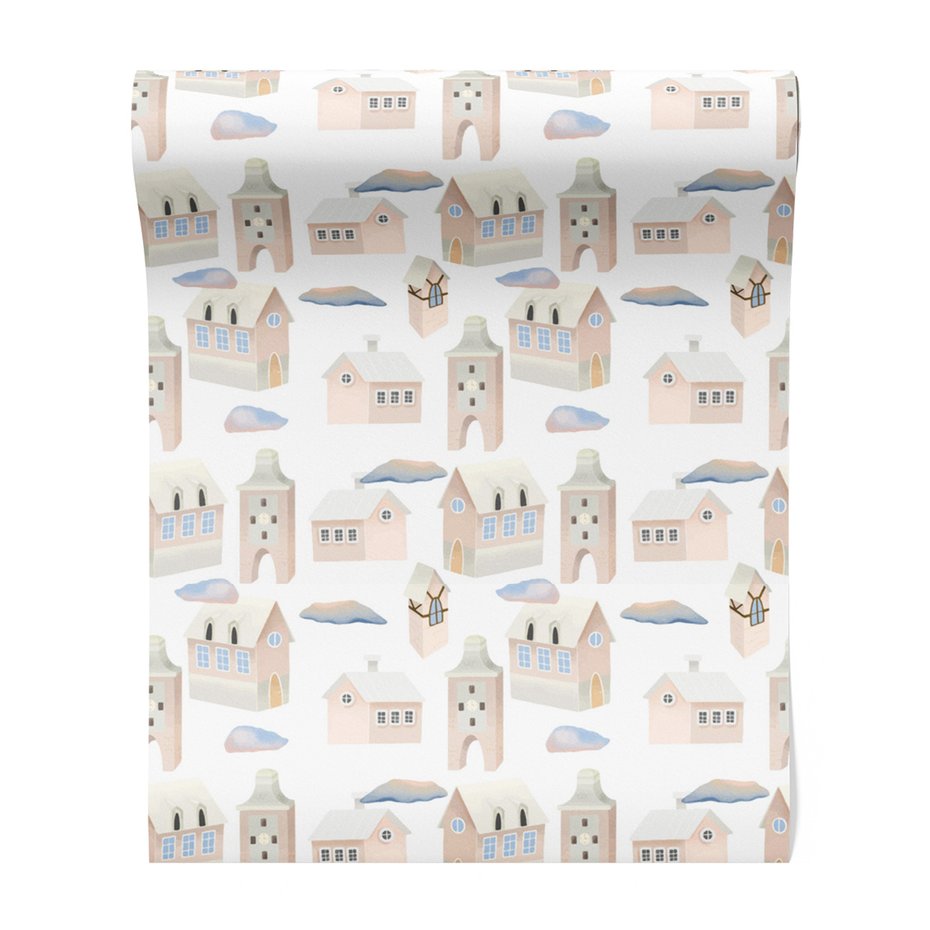 Tapeta - dziecięca, miasto, budynki, chmury