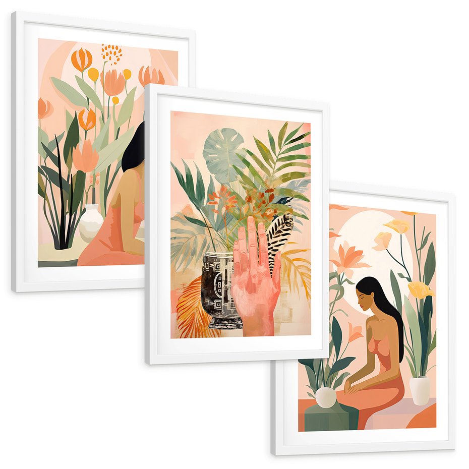 Zestaw obrazy w ramie, plakaty - kobieta, kwiaty, liście - rama biała
