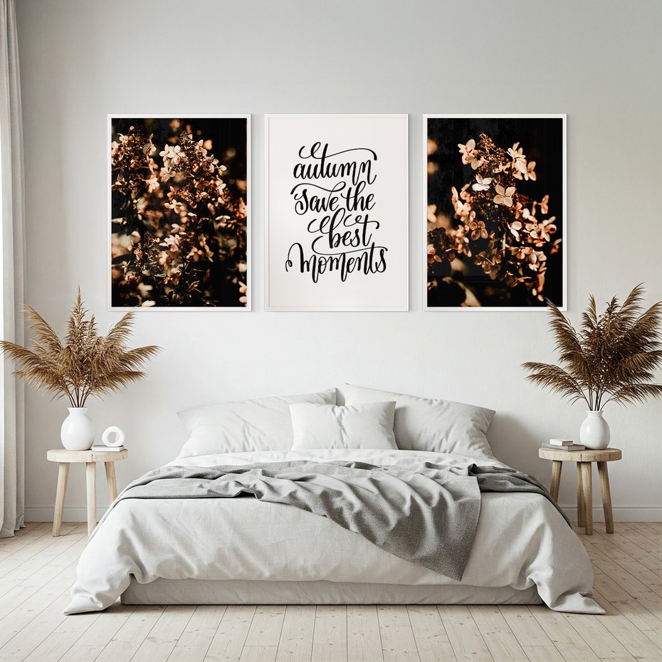 Zestaw obrazy w ramie, plakaty - kwiaty, jesień, dekoracja - rama biała