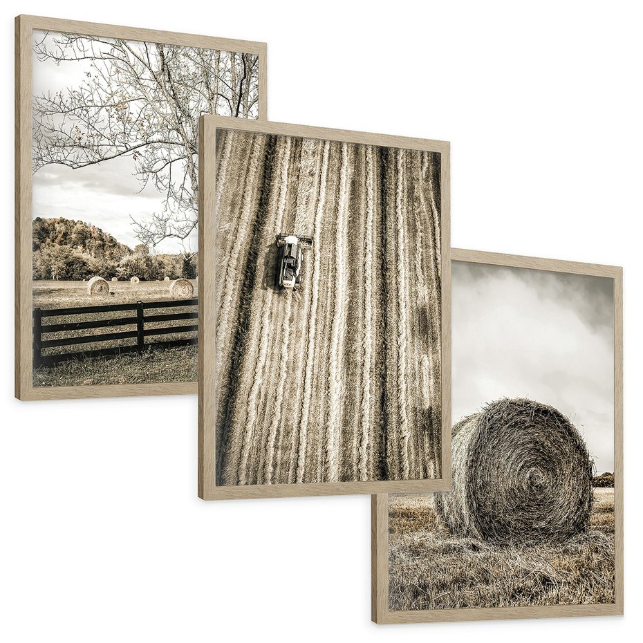 Zestaw obrazy w ramie, plakaty - wieś, pole, siano, - rama drewno